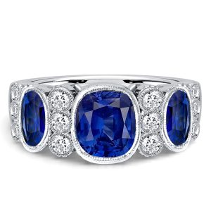 anniversary band - Italo Milgrain Bezel Blue Sapphire Cushion Cut Half Eternity Band, Italo jewelry - Online Catalog