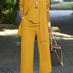 Women Plain Split Joint Matching Outfit Commuting Long Sleeve Casual Spring/Fall Multi-Piece Set Matching Set, Sets, color:Yellow|size:5XL, catalog Noracora shop
