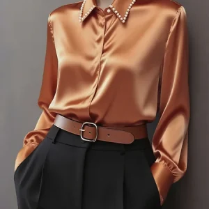 Satin Urban Plain Beaded Shirt Collar Shirt, Blouses and Shirts, color:Orange|size:XXL, Stylewe
