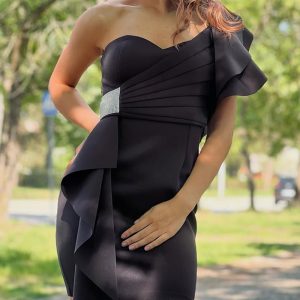 Rhinestone Decor One Shoulder Asymmetrical Ruffles Bodycon Dress Elegant Zipper Back Ruched Party Dress, women Night Dresses, ChicMe catalog
