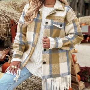 Plaid Print Turn-down Collar Button Front Fringe Hem Jacket Casual Drop Shoulder Flap Detail Coat, women Jackets & Coats, ChicMe catalog