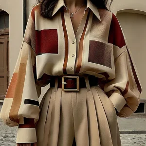 Urban Plaid Balloon-Sleeve Buckle Shirt, Blouses and Shirts, color:Khaki|size:XXL, Stylewe