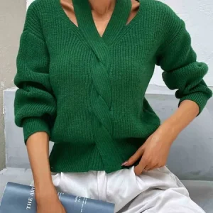 Casual Plain Halter Raglan Sleeves Sweater, Pullovers, color:Green|size:XXL, Stylewe
