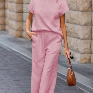 Women Plain Split Joint Two-Piece Set Daily Half Sleeve Casual Summer Top With Pants Matching Set, JustFashionNow Suit Set, color:Pink|size:3XL,