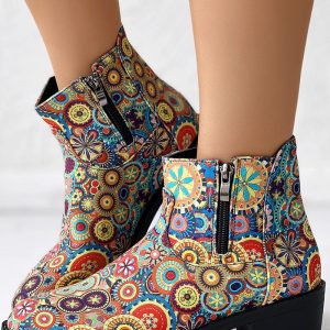 Vintage Floral Tribal Pattern Zipper Back Ankle Boots, women Boots, ChicMe catalog