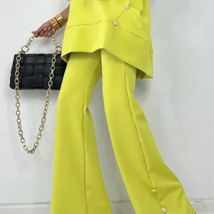Casual Plain Buttoned Fashion Flare Pants, Pants, color:Yellow|size:XXL, Stylewe