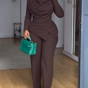 Cowl Neck Asymmetrical Patchwork Ruched Jumpsuit Casual Cinched Waist Zipper Back Straight Leg Jumpsuit, women Jumpsuits, ChicMe catalog