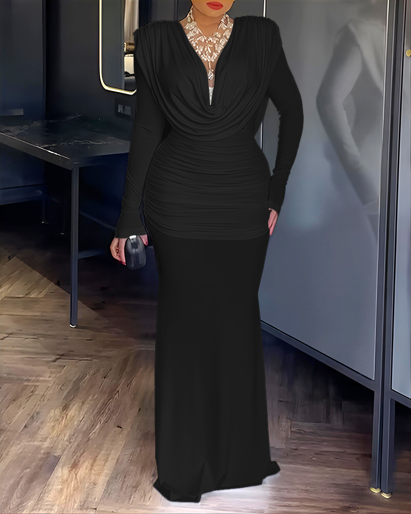 Cowl Neck Ruched Cinched Waist Slim Fit Maxi Dress Casual Padded Shoulders Backless Evening Dress, women Evening Dresses, ChicMe catalog - Image 4