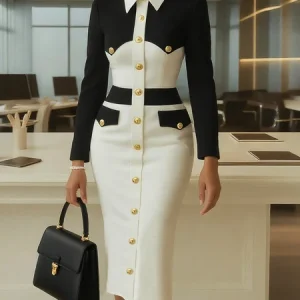 Urban Color Block Split Joint Shirt Collar Knee Length Dress, Midi Dresses, color:Black-white|size:XXL, Stylewe