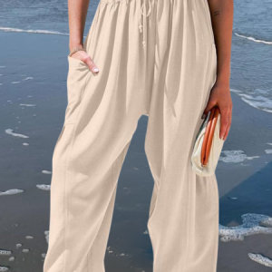 Women Plain Long Elastic Waist Pants Casual Spring/Fall Trousers, JustFashionNow Pants, color:Apricot|size:XXL,