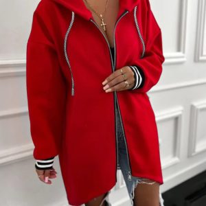 Striped Cuffs Pockets Design Zipper Front Drawstring Hoodie Jacket Casual Drop Shoulder Asymmetrical Hem Mid-length Coat, women Jackets & Coats, ChicMe catalog