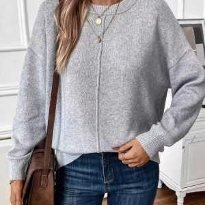 Women Plain Long Sleeve Comfy Casual Sweater, Sweaters, color:Light Gray|size:3XL, catalog Noracora shop