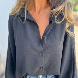 Women Plain Long Sleeve Shirt Spring/Fall Split Joint Shawl Collar Dolman Sleeve Daily Casual Top, JustFashionNow Blouses, color:Black|size:5XL,