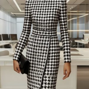 Elegant Houndstooth Printing Mock Neck Knee Length Dress, Mini Dresses, color:Black-white|size:XXL, Stylewe