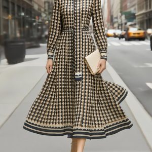 Elegant Geometric Printing Mock Neck Midi Dress, Midi Dresses, color:Brown|size:XXL, Stylewe