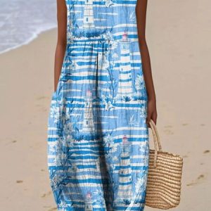 Women Sea Summer Dress Crew Neck Sleeveless A-Line Dress, Dresses, color:Blue|size:4XL, catalog Noracora shop
