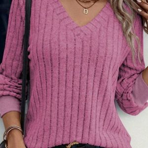 Vintage Plain V Neck Long Sleeve T-shirt, T-shirts, color:Pink|size:3XL, catalog Noracora shop