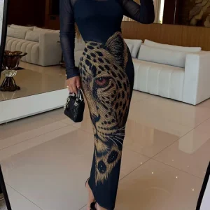 Elegant Tiger Printing Stand Collar Maxi Dress, Maxi Dresses, color:Black|size:XXL, Stylewe