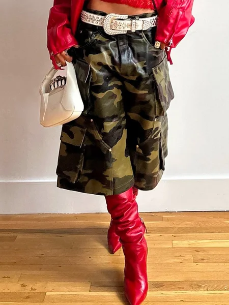 Casual Camo Cargo Pants Faux Leather Pants, Pants, color:Green|size:XXL, Stylewe