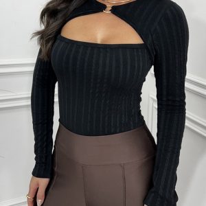 Metal Ring Decor Front Hollow-out Striped Textured Top Slim Fit Bodysuit, women Bodysuit, ChicMe catalog