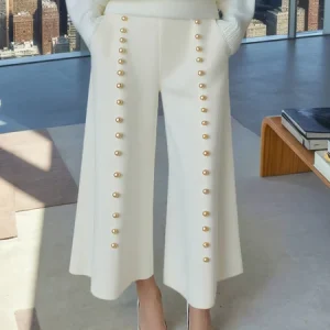 Casual Plain White Imitation Pearls Wide Leg Pants, Pants, color:White|size:XXL, Stylewe