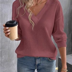 Vintage Plain V Neck Long Sleeve T-shirt, Hoodies & Sweatshirts, color:Red|size:XXL, catalog Noracora shop