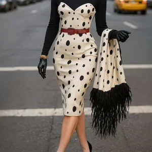 Elegant Polka Dots Dress No Belt Not including the scarf on the hands, Midi Dresses, color:As Picture|size:XXL, Stylewe