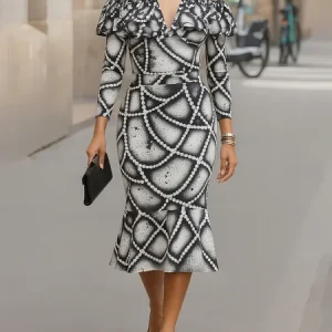 Urban Random Print Off Shoulder Sleeve Printing Shirt Collar Midi Dress, Midi Dresses, color:As Picture|size:XXL, Stylewe