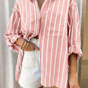 Shirt Collar Long Sleeve Striped Regular Micro-Elasticity Regular Fit Shirt For Women, Shirts, color:Pink|size:XXL, catalog Noracora shop