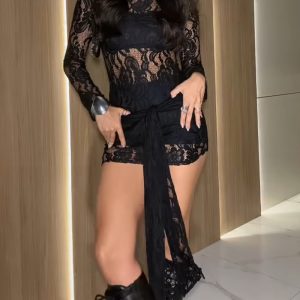 High Neck Tied Detail Shell Button Decor Sheer Lace Dress Slim Fit Mini Dress, women Lace Dresses, ChicMe catalog