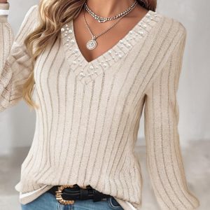 V-Neck Long Sleeve Pit Stripe Causal T-shirt, women T-shirt & Tees, ChicMe catalog