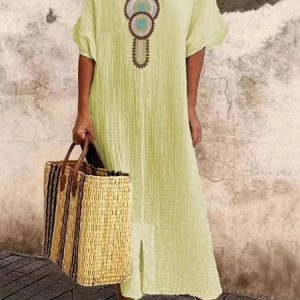 Women Nationality/ethnic Raglan Sleeves Summer Embroidery Dress U-Neck Short Sleeve H-Line Dress, Dresses, color:Yellow|size:5XL, catalog Noracora shop