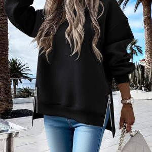Round Neck Drop Shoulder Long Sleeve Zipper Side Slit Sweatshirt Casual High-Low Hem Top, women Sweats & Hoodies, ChicMe catalog