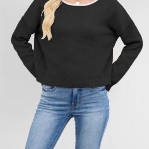 Women Plain Split Joint Winter Street Long Sleeve Crew Neck Sweater, JustFashionNow Sweaters, color:Black|size:XL,