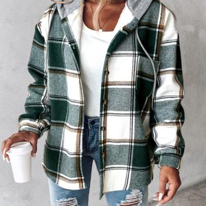 Plus Size Plaid Print Button Front Thermal Lined Drawstring Hoodie Jacket Casual Pocket Design Drop Shoulder Coat, women Jackets&Coats, ChicMe catalog