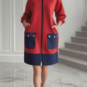 Casual Color Block Pockets Zipper Crew Neck  Dress, Mini Dresses, color:Red|size:XXL, Stylewe