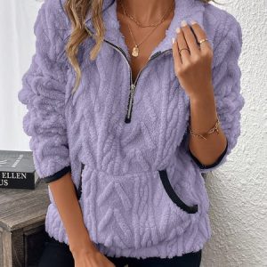 Casual V Neck Fleece Comfy Plain Sweatshirt, Hoodies & Sweatshirts, color:Purple|size:XXL, catalog Noracora shop