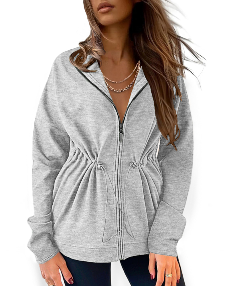 Long Sleeve Waist Drawstring Hooded Coat Casual Loose Fit Cardigan Jacket with Pockets, women Sweats & Hoodies, ChicMe catalog - Image 3