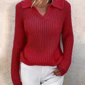 Women Cotton Plain Long Sleeve Comfy Casual Sweater, Sweaters, color:Red|size:3XL, catalog Noracora shop
