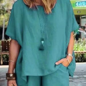 Women Plain Two-Piece Set Daily Half Sleeve Casual Summer Short Sets Matching Set, Sets, color:Dark Green|size:4XL, catalog Noracora shop