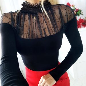 Rhinestone Decor Lace High Neck Sheer Mesh Spliced Top Slim Fit Layering Top, women T-shirt & Tees, ChicMe catalog