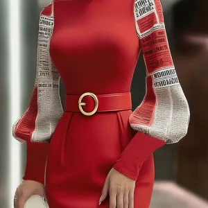 Jersey Casual Letter Pattern Printing Turtleneck Balloon Sleeve T-shirt, Tees, color:Red|size:XXL, Stylewe
