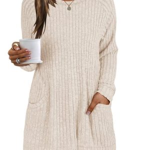 Casual Plain Crew Neck Long Sleeve T-shirt, T-shirts, color:Apricot|size:L, catalog Noracora shop