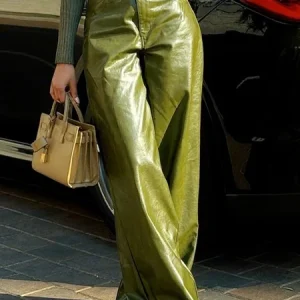 Urban Plain Wide Leg Faux Leather Pant, Pants, color:Green|size:XXL, Stylewe