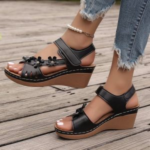 Vintage Floral Hook And Loop Low Heel Slide Sandals, Sandals, color:Black|size:42, catalog Noracora shop