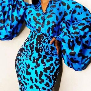 Elegant Leopard Printing Shirt Collar Balloon Sleeve Shirt, Blouses and Shirts, color:Blue|size:XXL, Stylewe