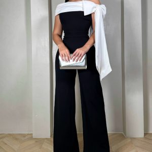 Colorblock Bowknot Decor Off Shoulder Sleeveless Cinched Waist Overalls Casual Zipper Back Wide Leg Jumpsuit, women Jumpsuits, ChicMe catalog