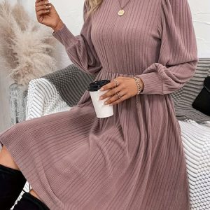 Women Plain Spring/Fall Dress Crew Neck Long Sleeve A-Line Dress, Midi, color:Red|size:XXL, catalog Noracora shop