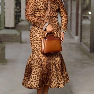 Urban Leopard Rhinestone Printing Mock Neck Maxi Dress, Maxi Dresses, color:Brown|size:XXL, Stylewe