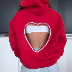 Hooded Long Sleeve Heart Rhinestone Hollow Out Sweatshirt Casual Loose Fit Top, women Sweats & Hoodies, ChicMe catalog